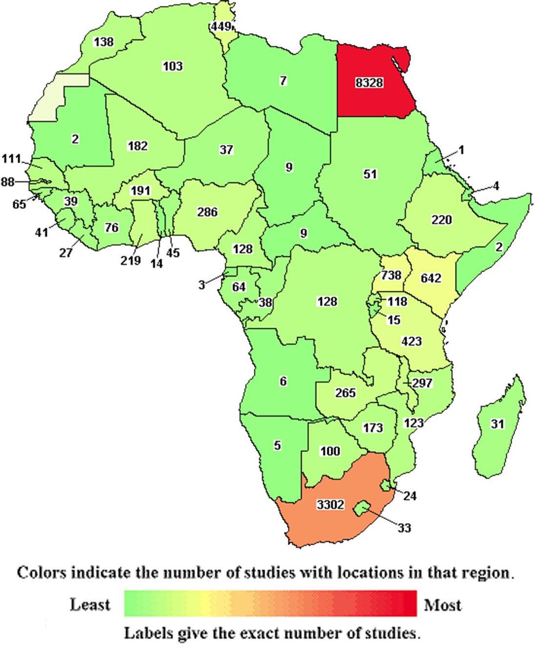 Map of Africa showing number of studies done per region