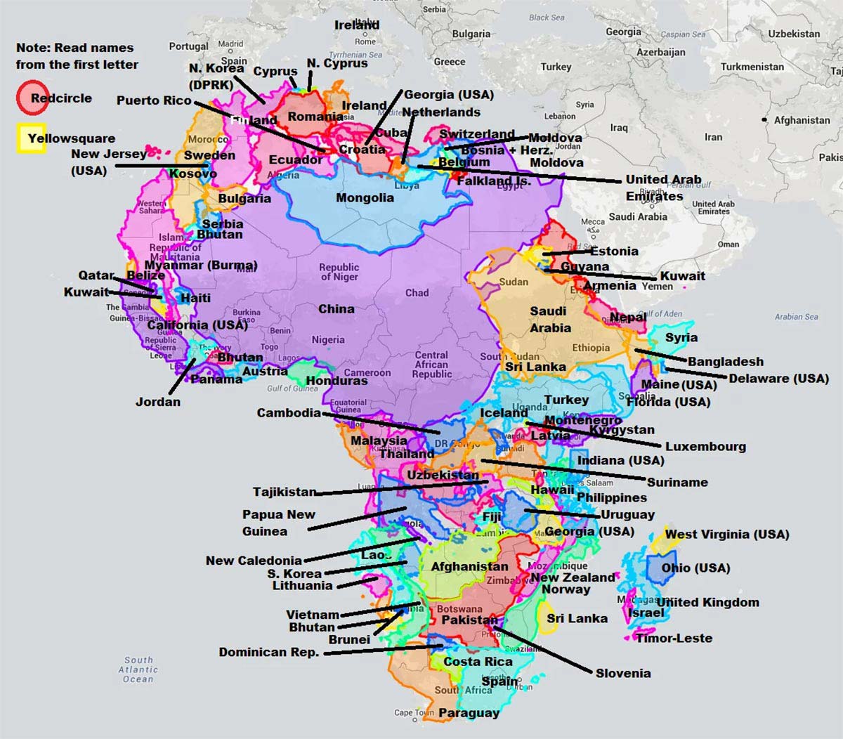 Map demonstrating how many countries fit into the area of Africa