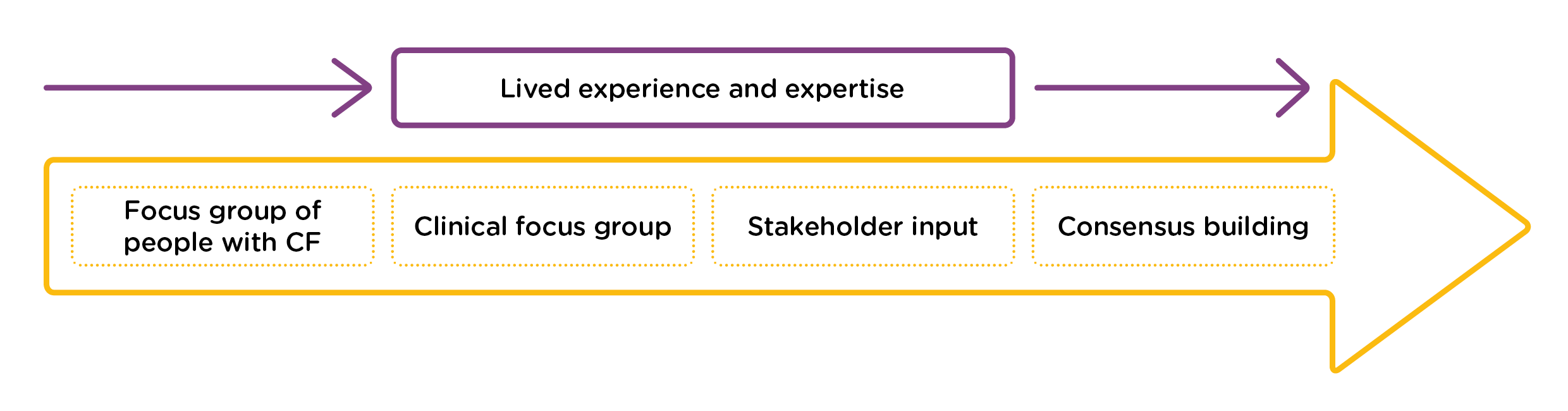 Lived experience and expertise, Focus group of people with CF, Clinical focus group, Stakeholder input, Consensus building right arrow flowchart diagram