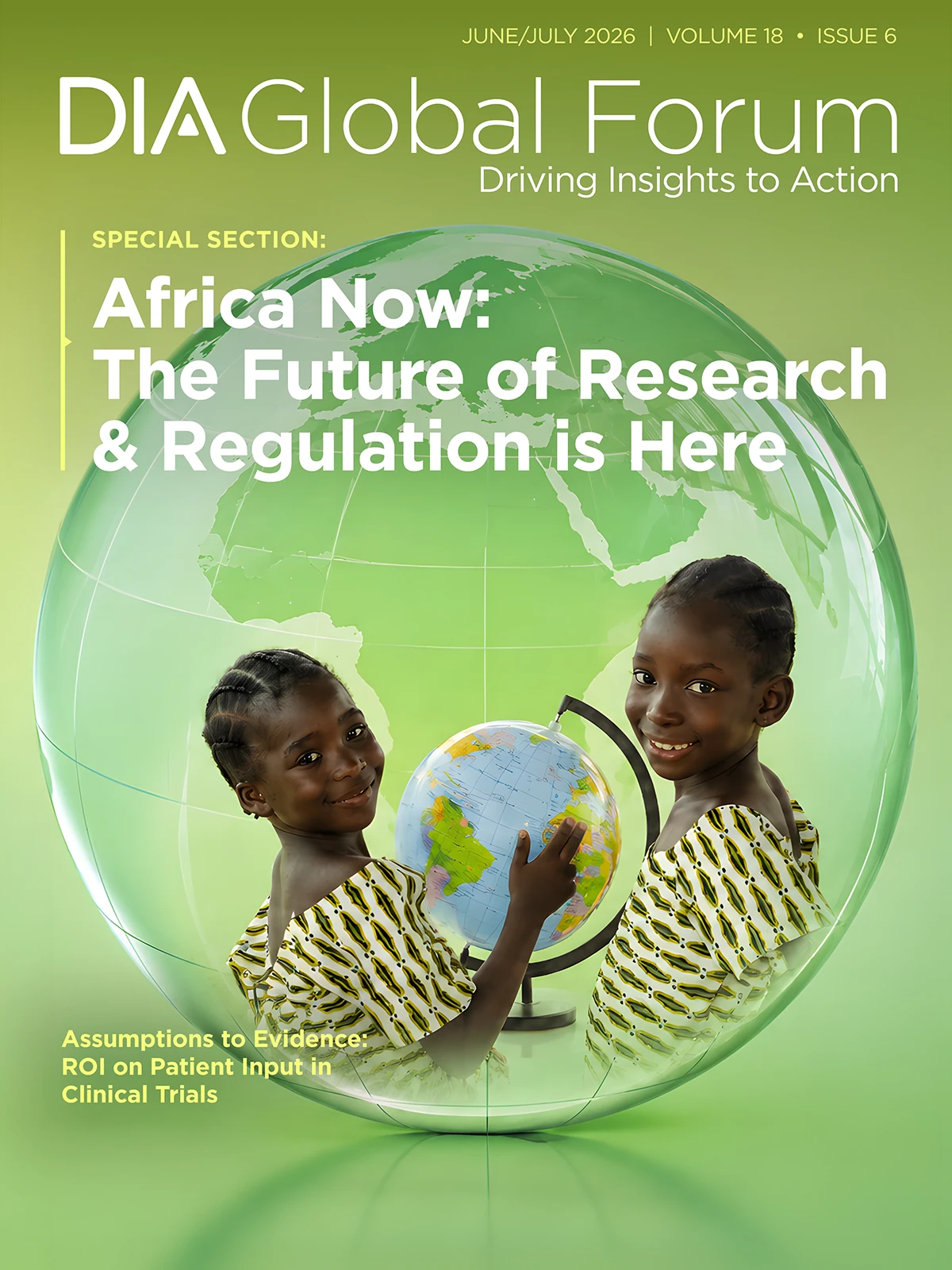 DIA Global Forum cover featuring two girls holding a globe with the headline “Africa Now: The Future of Research & Regulation is Here.”